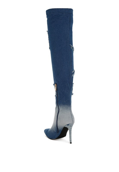 Denim Rhinestone Knee High Boots