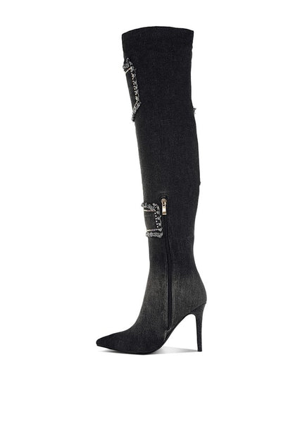 Denim Rhinestone Knee High Boots