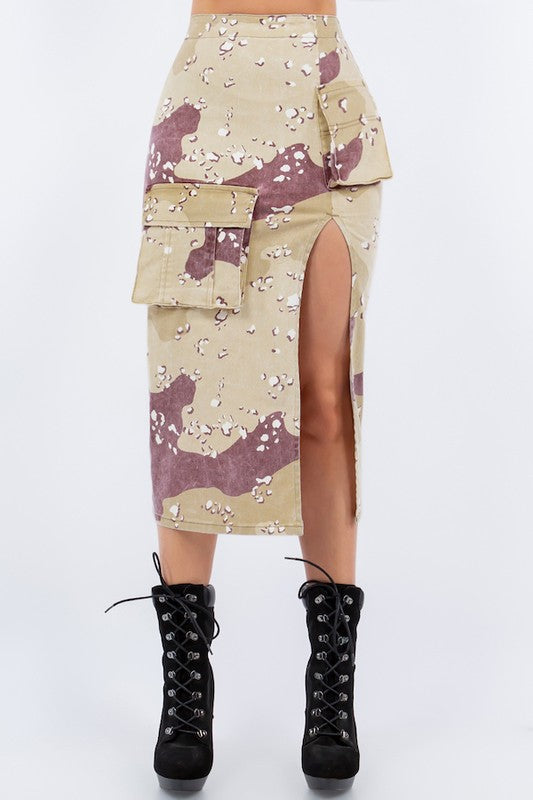 Camo Cargo Side Slit Skirt