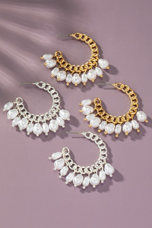 Curb Chain Link Hoops with Pearl Drops