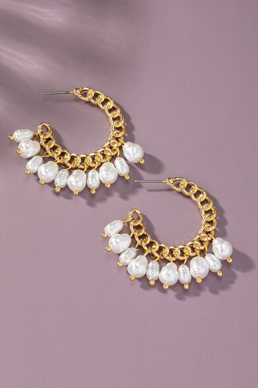 Curb Chain Link Hoops with Pearl Drops