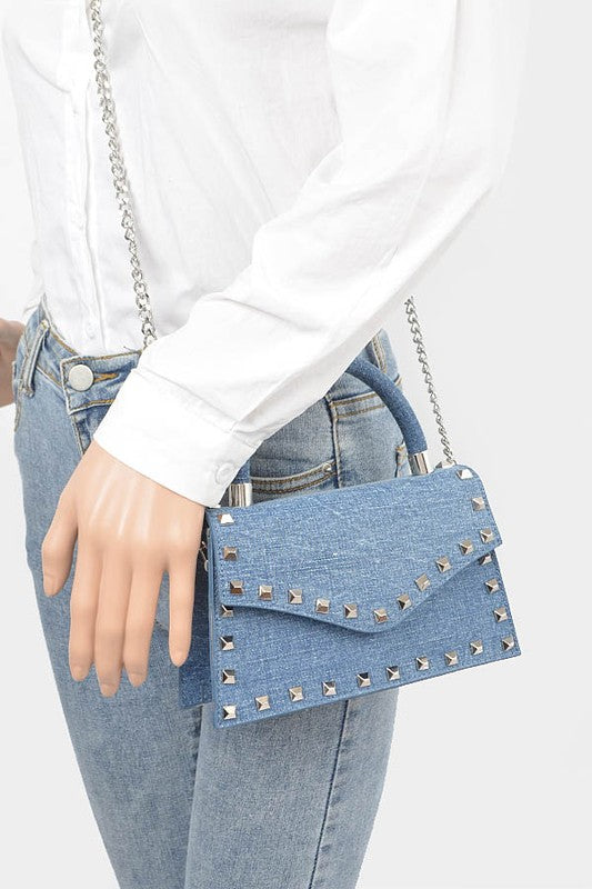 Gold Studded Top Handle Denim Bag