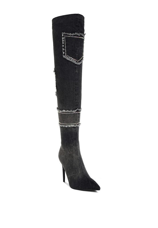 Denim Rhinestone Knee High Boots