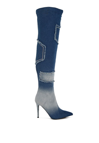 Denim Rhinestone Knee High Boots