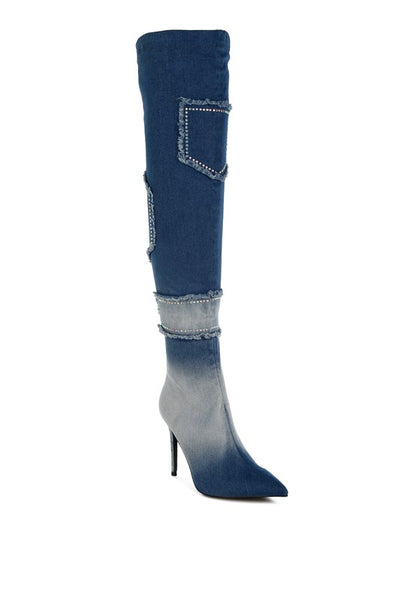 Denim Rhinestone Knee High Boots