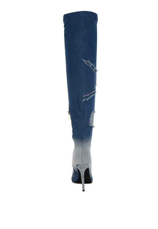 Denim Rhinestone Knee High Boots