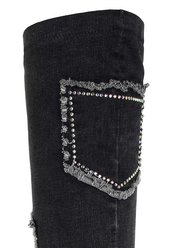 Denim Rhinestone Knee High Boots