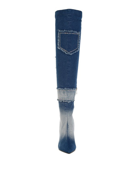 Denim Rhinestone Knee High Boots